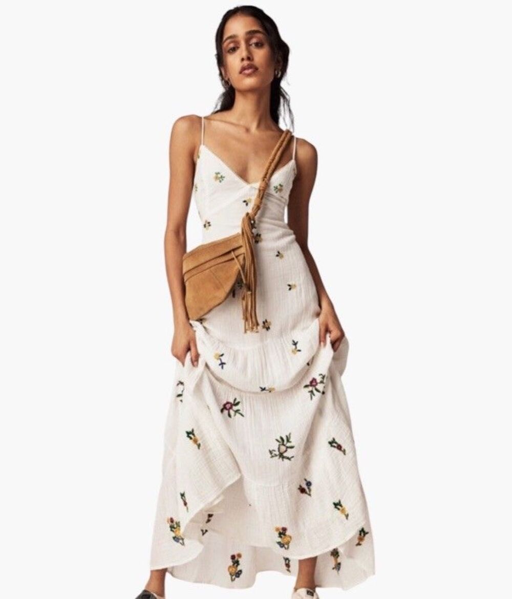 Free People Hibiscus Tiered Maxi Dress XS Babydoll Embroidered Floral Fairy
